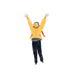 Kids girl in a yellow jacket hand-drawn illustration. Isolated on white background. Sketching. Character with a raised hands, playing outdoor.