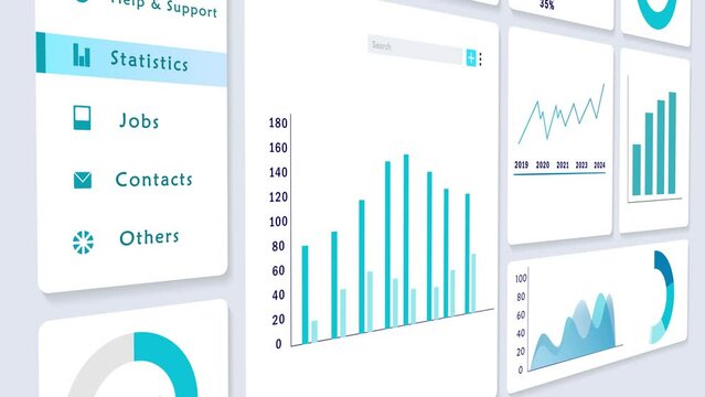 Neumorphic UI interface of Business Website Dashboard Showing Graphs, Diagrams and Statistics. Admin statistical Web page with Data Visualization and Analytics. 3D Animation 