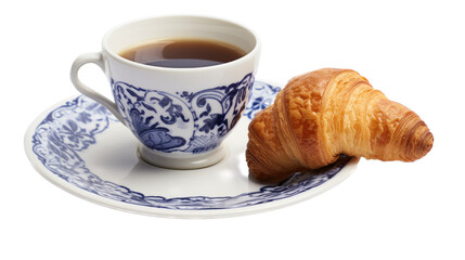 a Flow Blue China cup and saucer with a Crossiant in a Food-themed, photorealistic illustration in a PNG, cutout, and isolated. Generative AI