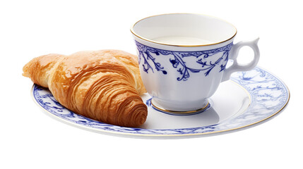 a Flow Blue China cup and saucer with a Crossiant in a Food-themed, photorealistic illustration in a PNG, cutout, and isolated. Generative AI