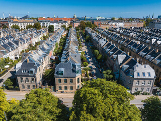 Plakat Aerial view of the rooftops of Kartoffelraekkerne neighborhood, in Oesterbro, Copenhagen, Denmark. The neighbourhood built in the late 1800s for working class families