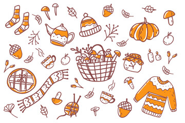 Doodle collection of autumn elements. Leaves, mushrooms, autumn clothes. Doodle set autumn collection of elements in black and white isolated on a white background.