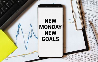 New Monday New Week New Goals written on green note on a orange background with pencil and calculator a side.