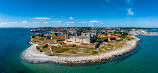 Aerial view of Kronborg castle with ramparts, ravelin guarding the entrance to the Baltic Sea and...