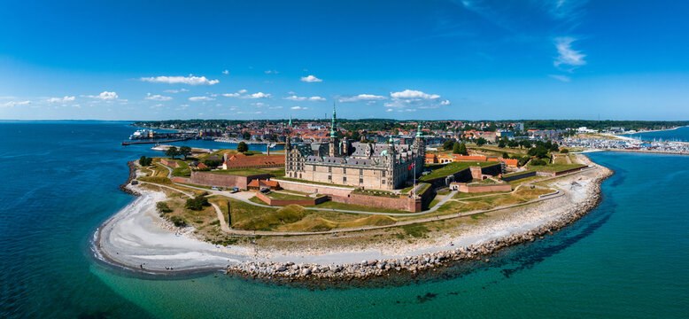 Aerial view of Kronborg castle with ramparts, ravelin guarding the entrance to the Baltic Sea and the Oresund in Helsingor Denmark