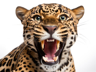 Angry wild jaguar portrait and isolated white background. Generative AI