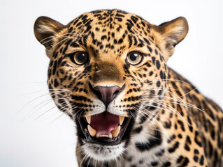 Fototapeta na wymiar Angry wild jaguar portrait and isolated white background. Generative AI