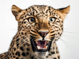 Angry wild leopard portrait and isolated white background. Generative AI
