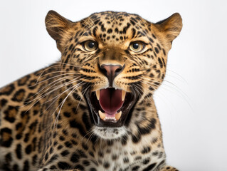 Fototapeta na wymiar Angry wild leopard and isolated white background. Generative AI