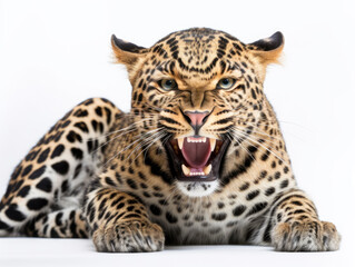 Obraz premium Angry wild leopard and isolated white background. Generative AI