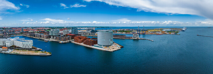 Aerial panorama of Indre Osterbro, Nordhavnen districts. New modern district in Copenhagen,...