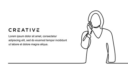continuous line drawing of young beautiful female posing while talking on phone