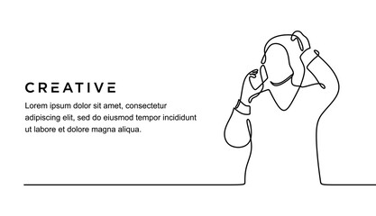 continuous line drawing of beautiful woman talking on phone scratching her head and looking thoughtful