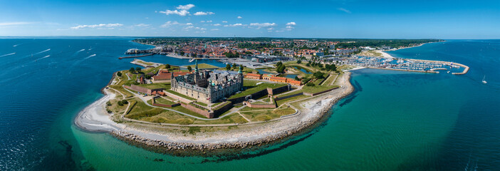 Aerial view of Kronborg castle with ramparts, ravelin guarding the entrance to the Baltic Sea and the Oresund in Helsingor Denmark