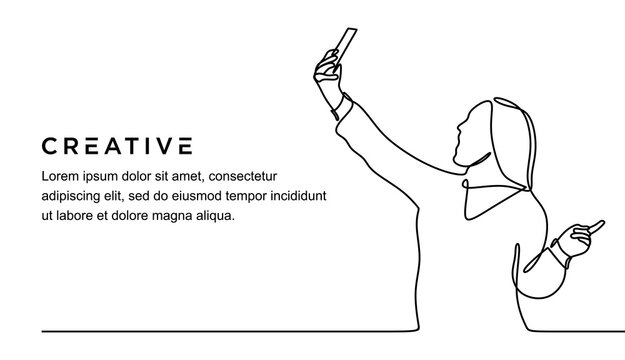 continuous line drawing of excited young woman girl posing doing selfie shot on mobile phone spreading hands