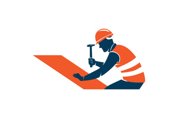 Obraz premium Worker Repair Roof with Hammer