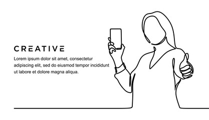 continuous line drawing of happy smiling woman holding mobile phone and showing thumbs up