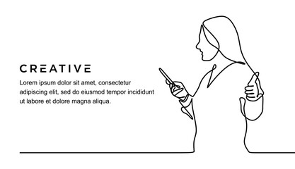 Continuous line drawing of young woman holding phone showing thumbs up