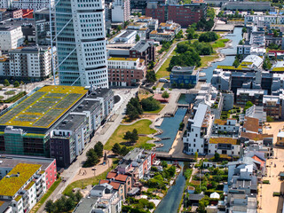 Beautiful aerial view of the Vastra Hamnen- The Western Harbour -district in Malmo, Sweden. Panoramic aerialview.