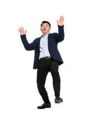 Businessman in suit posing on white background