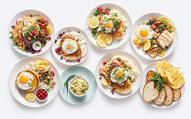Fototapeta na wymiar A Top-Down View of a Fancy Table, Overflowing with a Variety of Colorful and Tasty Dishes Food Dishes on a White Table. From Healthy Salads and Gourmet Appetizers Savory Soups, and Flavorful Meats, th