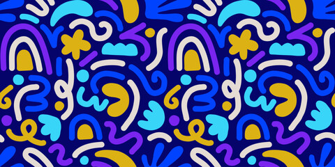 Hand drawn contemporary art collage with multicolor abstract shapes. Vector seamless pattern with modern Scandinavian design elements.