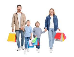 Family shopping. Happy parents and children with many colorful bags on white background