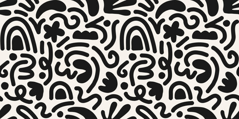 Hand drawn contemporary art collage with black and white abstract shapes. Vector seamless pattern with modern Scandinavian cut out elements.