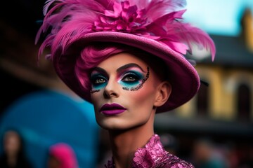 Causal portrait of queer person wearing elegant glam drag make up in the street - obrazy, fototapety, plakaty