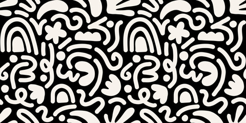 Hand drawn contemporary art collage with black and white abstract shapes. Vector seamless pattern with modern Scandinavian cut out elements.
