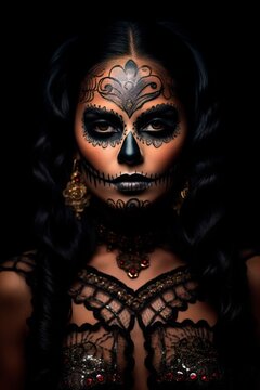 Attractive Latina woman with dark dia de los muertos make up. Vertical head shot