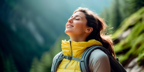 Young woman feeling the nature and breathing deeply during trekking day - obrazy, fototapety, plakaty