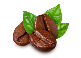 Fresh roasted coffee beans and leaves on white background