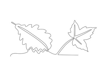 Two leaves fall on the ground. Autumn one-line drawing