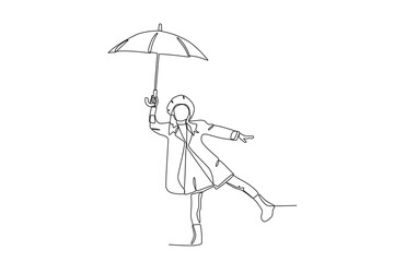 A woman posing with an umbrella. Autumn one-line drawing