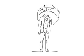 A man wearing an umbrella. Autumn one-line drawing