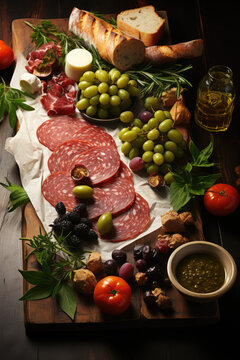 Tempting Tapas and Charcuterie Platter. A photo showcasing a selection of delicious tapas and charcuterie, with copy space on top. Culinary delights and food presentation concept. AI Generative