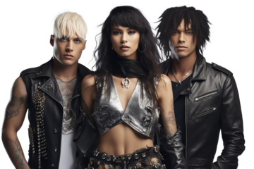 Three attractive young heavy metal stars posing looking at camera. Isolate transparent background