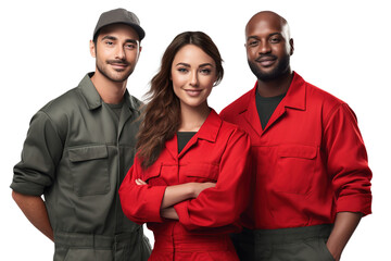 Three young multiethnic mechanic team posing over transparent background