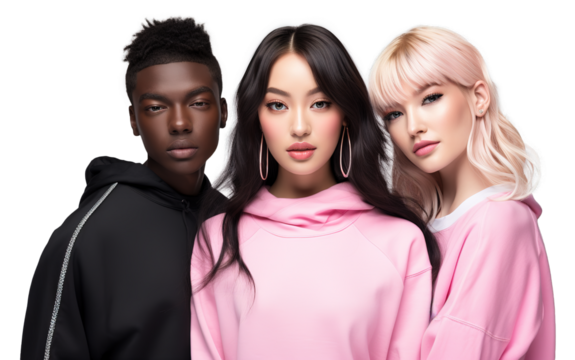 Three young multiethnic Generation Z young people wearing stylish sportswear posing over isolated transparent background
