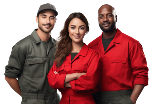 Three young multiethnic mechanic team posing over transparent background