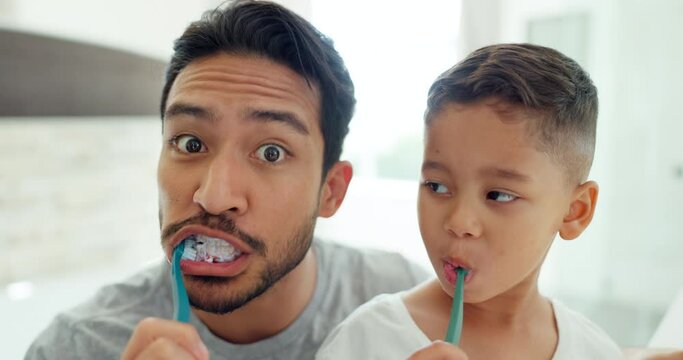 Face, father and kid brushing teeth in home for hygiene, morning routine together and healthy learning. Portrait of dad, boy child and dental cleaning with toothbrush for self care of fresh breath