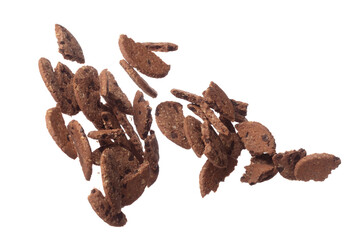 Cookie Chocolate ship fall fly in mid air, Cocoa Cookie Chocolate ship floating. Cookie Chocolate ship round crack crunch throw in air. White background isolated freeze motion high speed shutter
