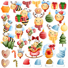 Set of cheerful watercolor happy little bee with christmas ornaments illustration.Cute animal with christmas accessories illustration.