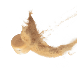 Cosmetic container white bottle fly splashing in mid air. Moisturizer lotion cream bottle explosion flying with sand powder dust under dry sun. White background isolated high speed shutter freeze