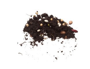 Soil fertilizer mixed multi kind bean fall fly. Mixed beans soil fertilizer abstract cloud fly. Soil mix multi grain beans planting splash stop in air. white background isolated high speed freeze