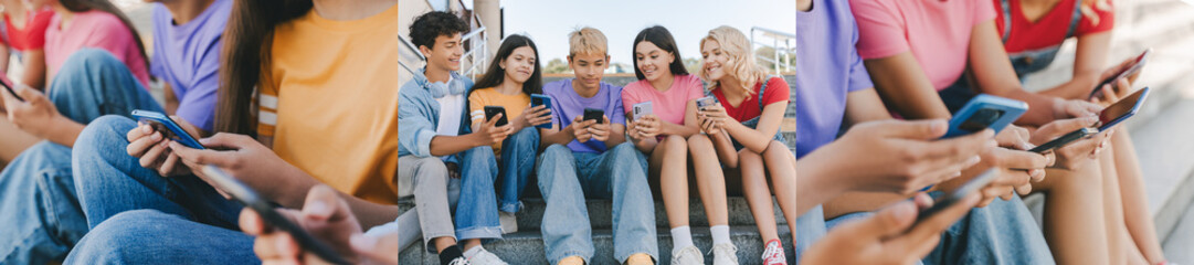 Collage of multiracial smiling  teenagers wearing casual clothes holding mobile phones watching...