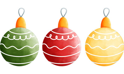 Set of three green,red and yellow christmas balls set for a vibrant holiday season.Colorful artwork for festive holiday decoration.
