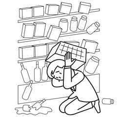 買い物中に地震が起きてカゴで落下物から頭を守る男性