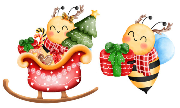 Set of cheerful little bees with red sleigh,gift box and christmas ornaments.Cute animal with christmas accessories illustration.